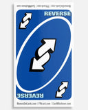 Card with 'REVERSE' text and arrows on a blue background